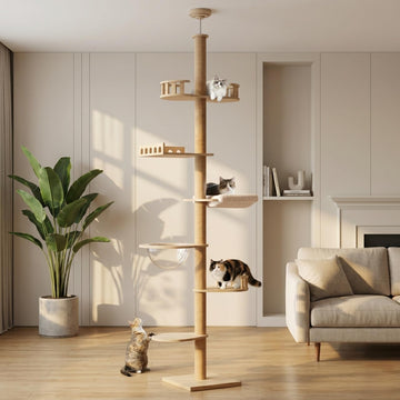 Cat Tree, Floor to Ceiling Cat Tree Height (86-106 in) Adjustable Cat Tower 6 Tier Hemp Scratching Post Cats Activity