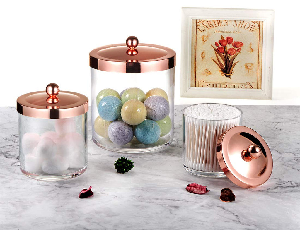 3 Pack Large Plastic Apothecary Jars with Rose Gold Metal Lids