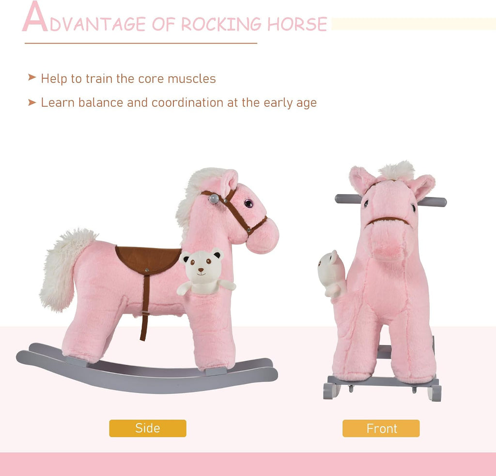 Kids Rocking Horse with Bear Toy Fun Realistic Sounds Toddler Pink