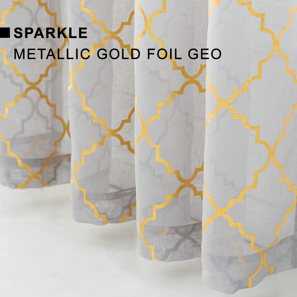 Grey Sheer Curtains with Gold Moroccan Tile 52x84 Inch 2 Panels