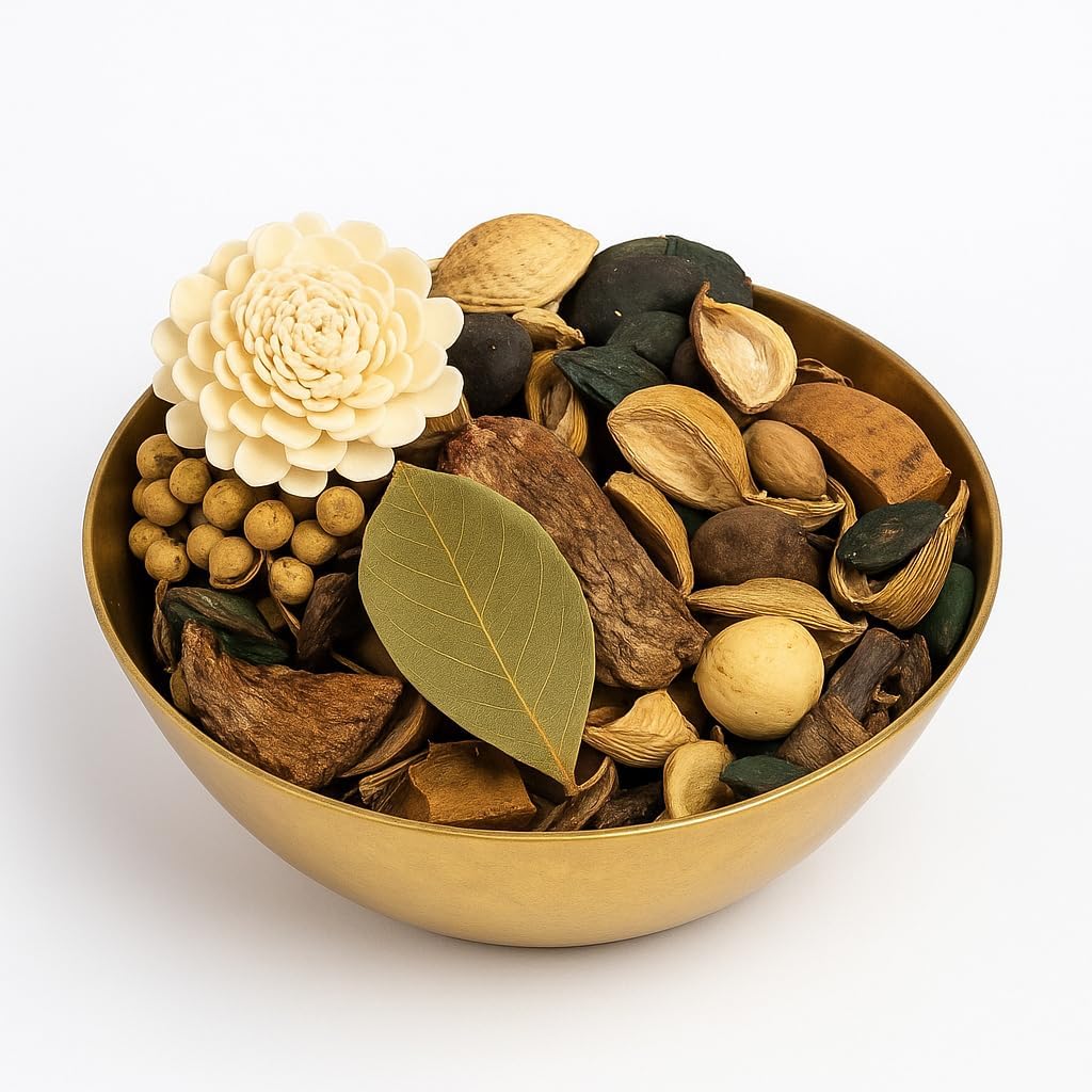 Decorative Potpourri Bowl Set with Dried Flowers, Natural Elements in Gold Metal Bowl, Fragrant Home Decor, Living