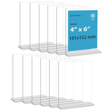 4x6 Inch Clear Acrylic Sign Holder, Display Stand, Plastic Card Holder for Business, Office, Retail (4x6 Inch 12 Pack)