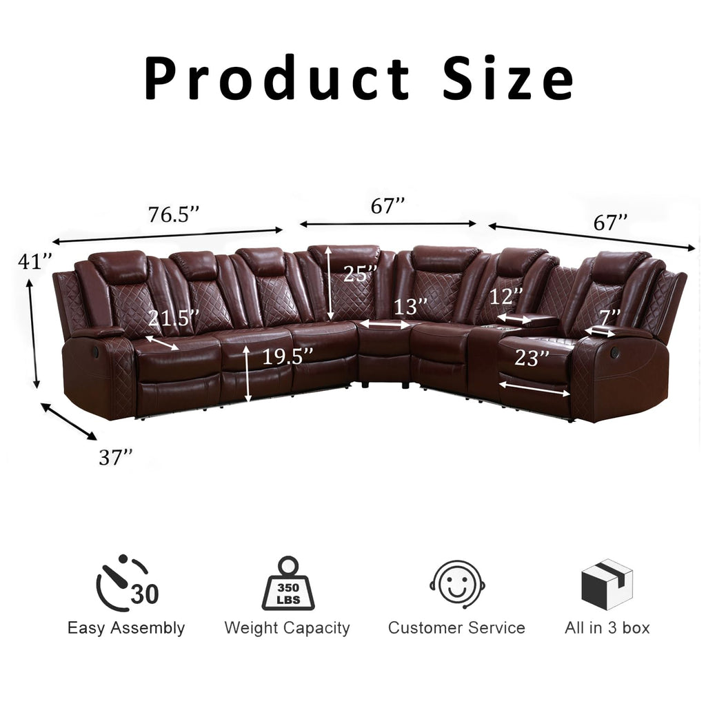 PU Leather Power Recliner Sectional, L-Shape Reclining Couch, 6-Seat Sectional Sofa with LED Lighting/USB