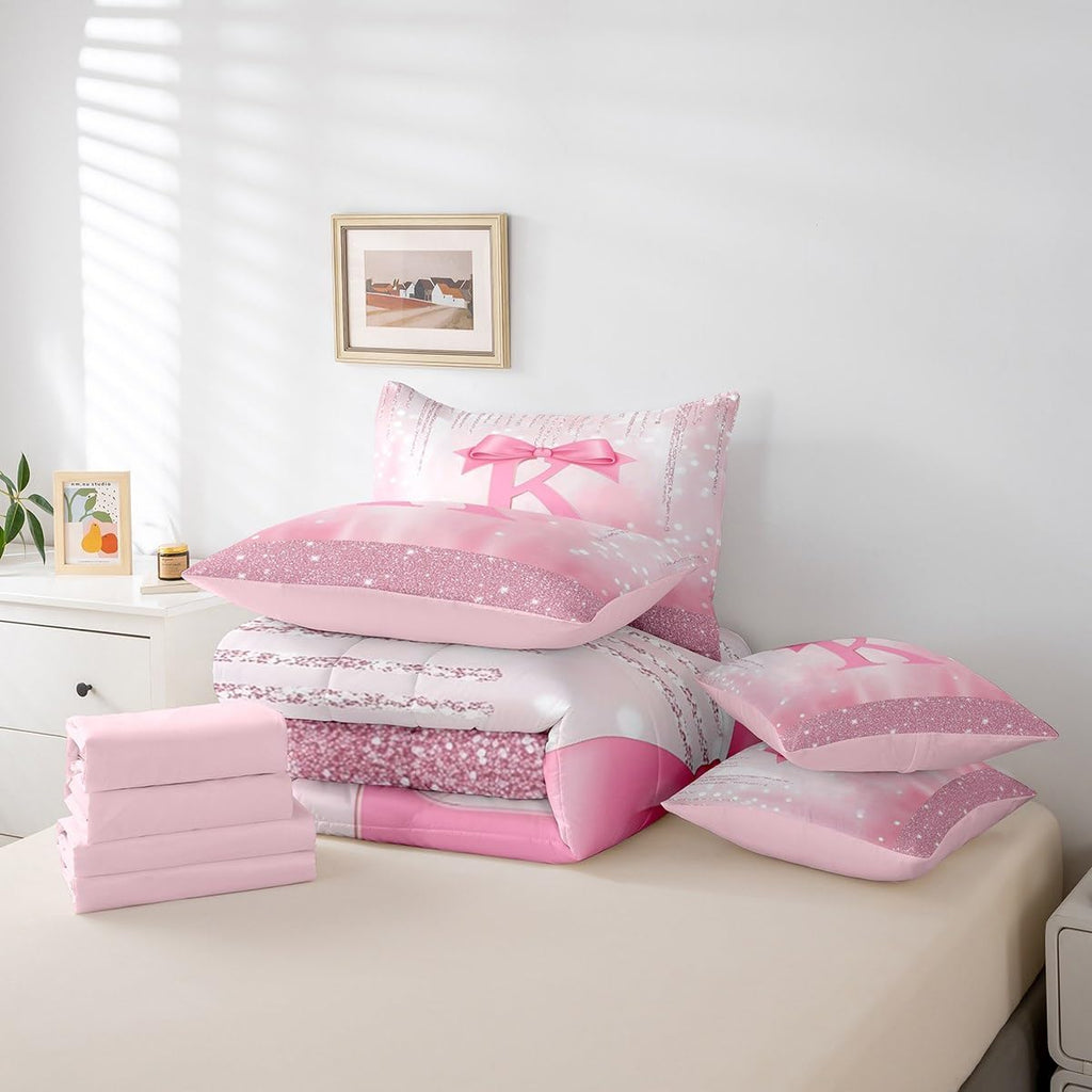 Kids Pink Bowknot 7 Pieces Bedding Set Full, Personalized Initial K Bed in A Bag Princess Glitter Comforter Set with
