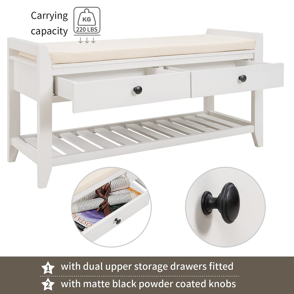 Farmhouse Wood Shoe Bench with Storage and Seat Cushion Entryway Bench with Shoe Shelf and Drawers White