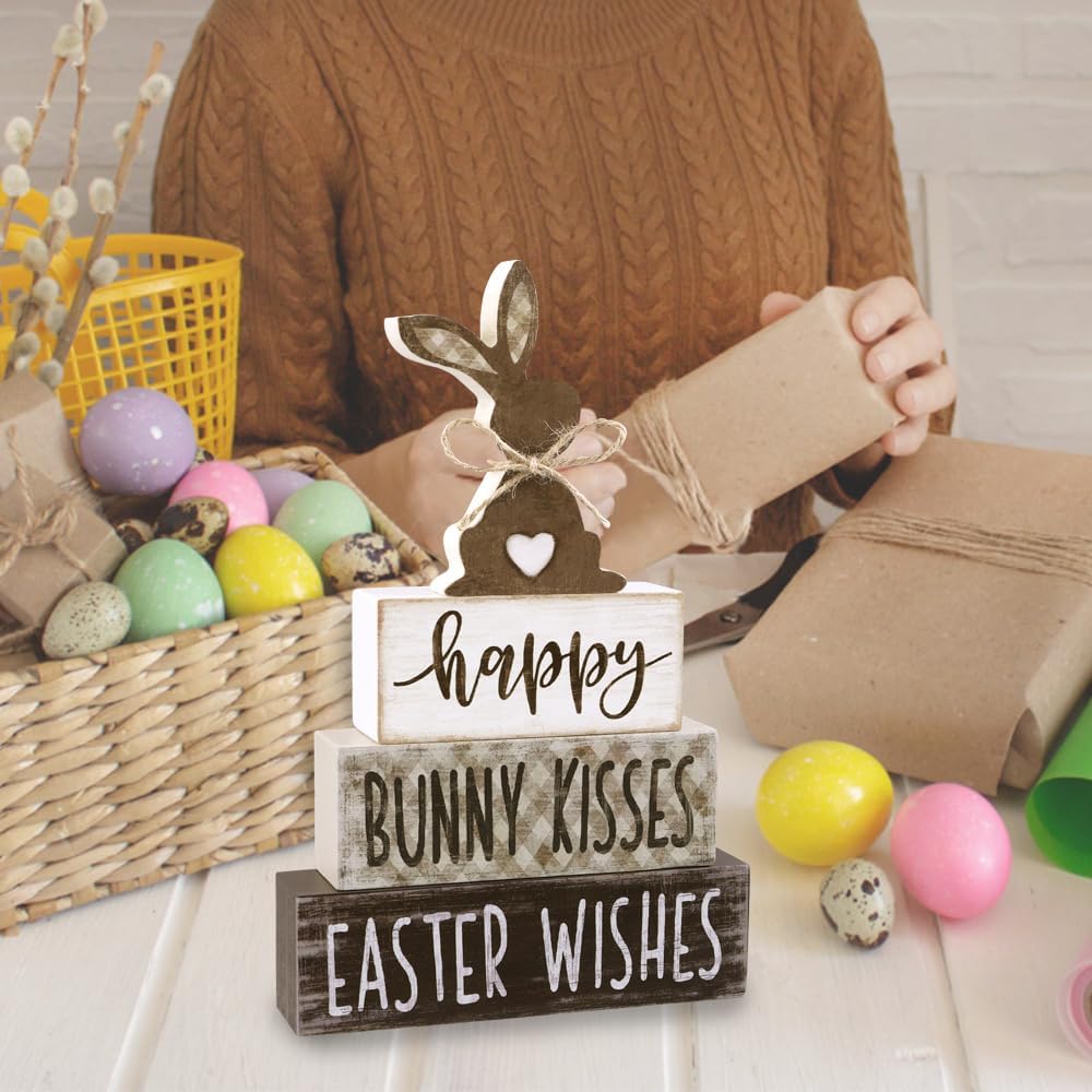 Easter Tabletop Decorations Bunny Wooden Block Signs Gift Rustic Tiered Tray Decor Happy Easter Centerpiece - Set of 4