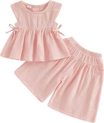 Baby Girl Summer Clothes Outfit Cotton Linen Sleeveless Ruffle Shirt and Wide Leg Pants Toddler Girls Clothes Set