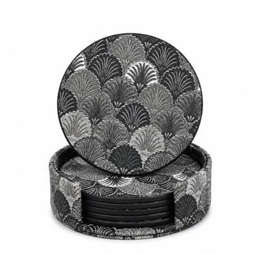Art Deco Coasters Set of 6 with Holder, Black