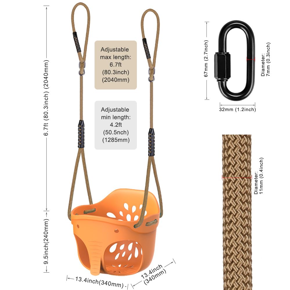 Yellow High Back Full Bucket Toddler Swing Seat w/Adjustable Ropes