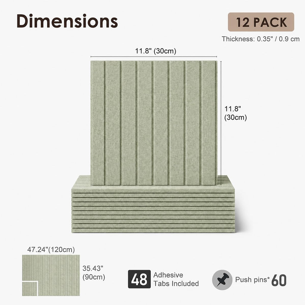 Ribbed Felt Bulletin Board Tiles, 12 Pack Sage Green Cork Board Alternative for Walls, Large Grooved Felt Wall Tiles