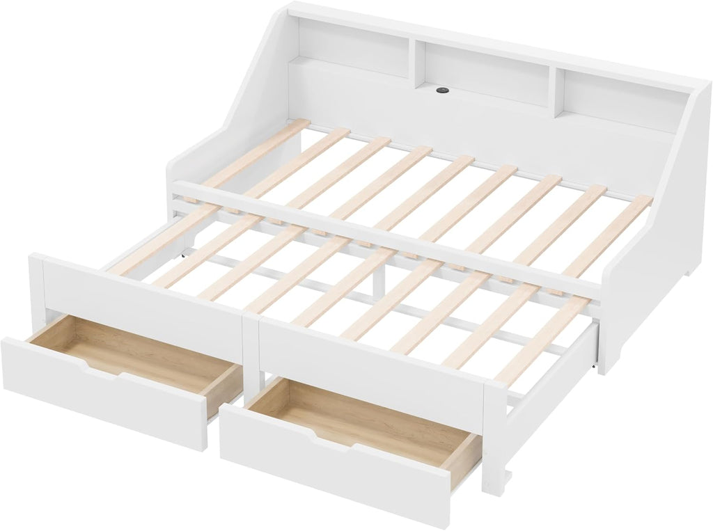 Wood Twin to King Daybed, Twin Size Day Bed with Pop Up Trundle & Storage Drawers, Modern Corner Bed Frame with