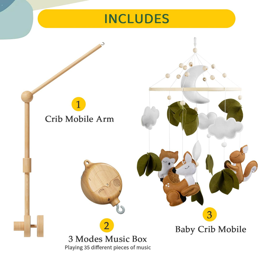 Woodland Animals Theme Bassinet Baby Nursery Mobiles with Modes Digital Music Box 3In1 Set-34 Inch Wooden Mobile Arm