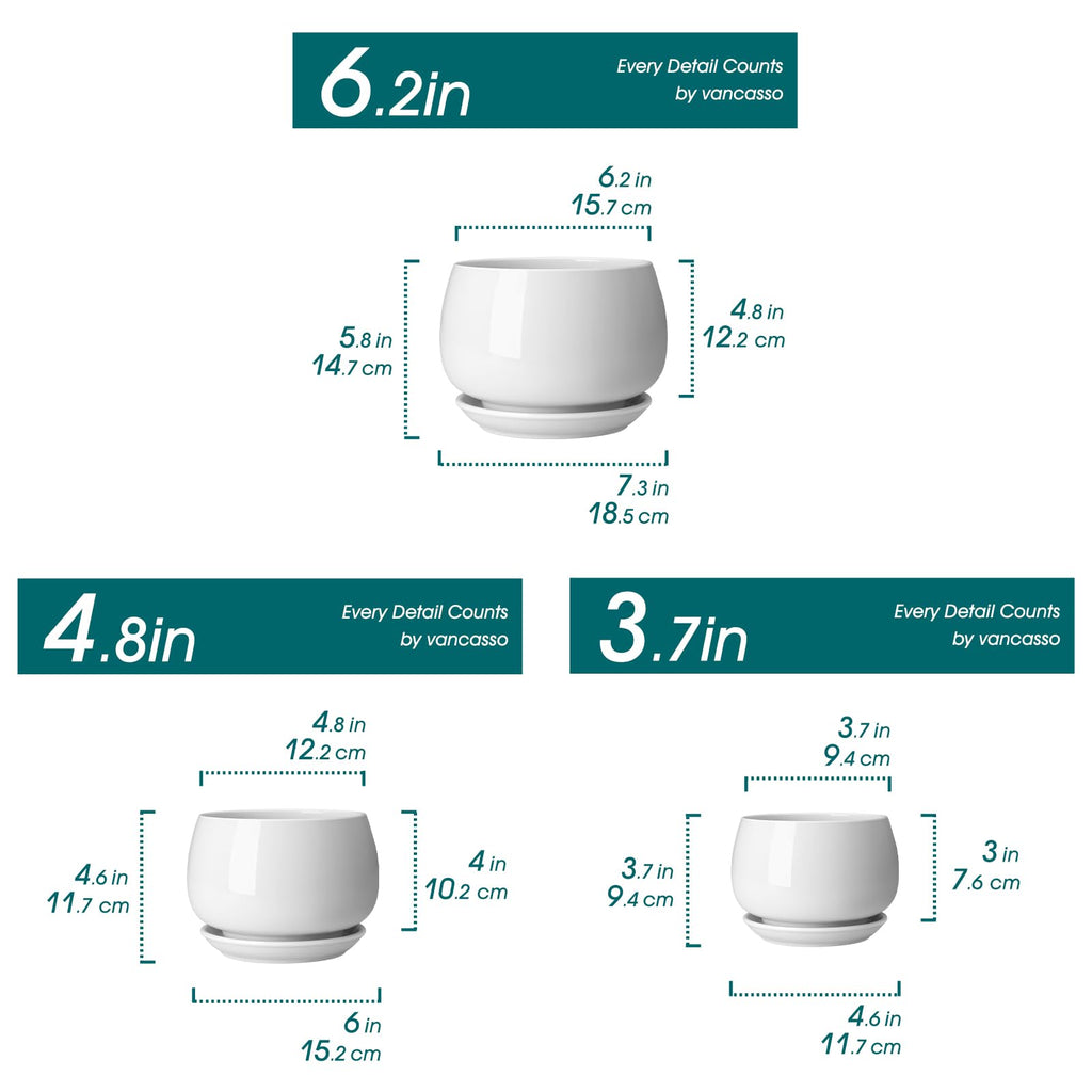 3-Pack Ceramic Plant Pots, 3.7/4.8/6.2 Inch Indoor Planters with Saucers & Drainage Hole Planter pots for Indoor