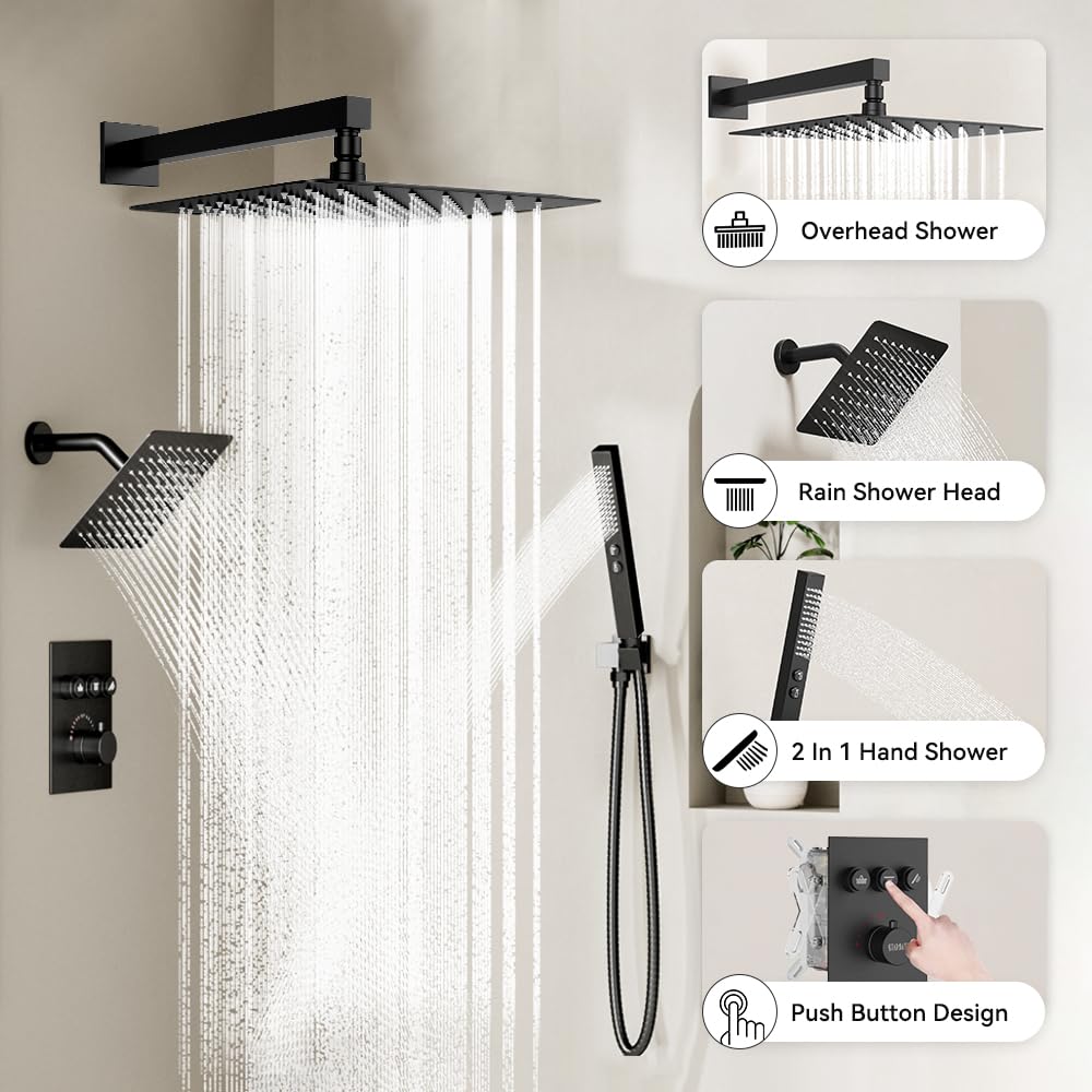 Thermostatic Shower System Matte Black, Shower Faucets Sets 12+ 6" Wall Mount Rain Shower and 2 in 1 Handhled, Can