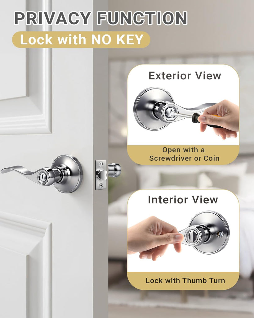 6 Pack Door Knob Interior Privacy Handle for Bed and Bath Wave Style, Polished Chrome Interior Door Handle with Lock