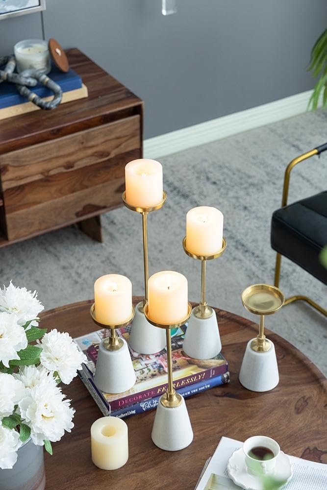 Luxury Set of 5 Marble and Gold Pillar Candle Holders - Elegant Modern Home Decor Accent