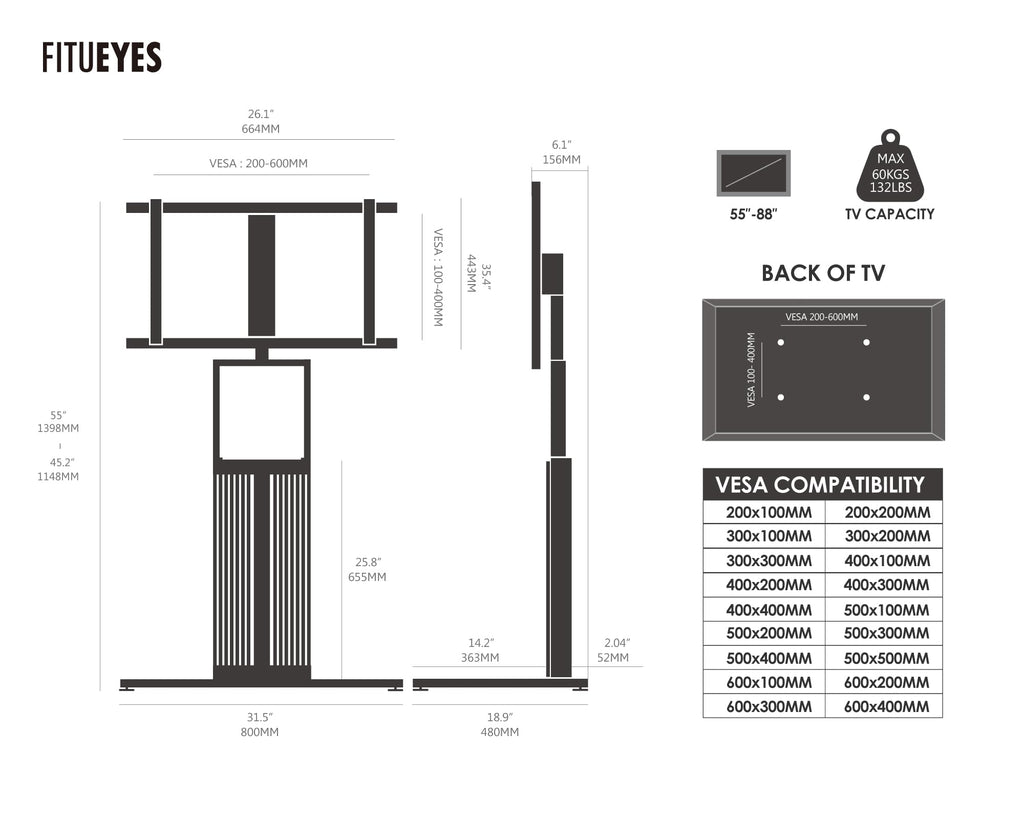 Floor TV Stand for 55-88" TV with Hidden Back Storage, Morandi Grey