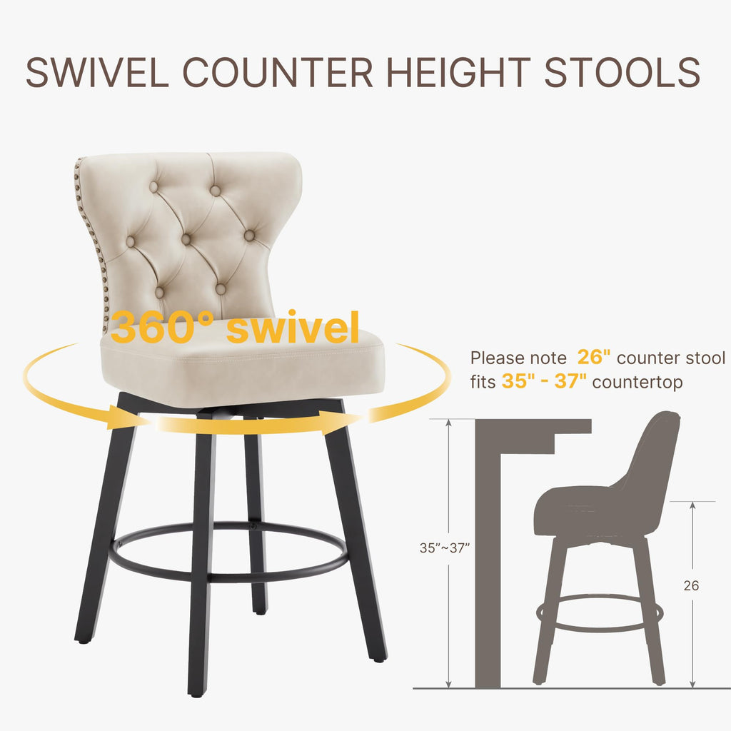 Counter Height Barstools 26 inch Upholstered Button Tufted Swivel Bar Stools with Back and Wood Legs Island, Set of