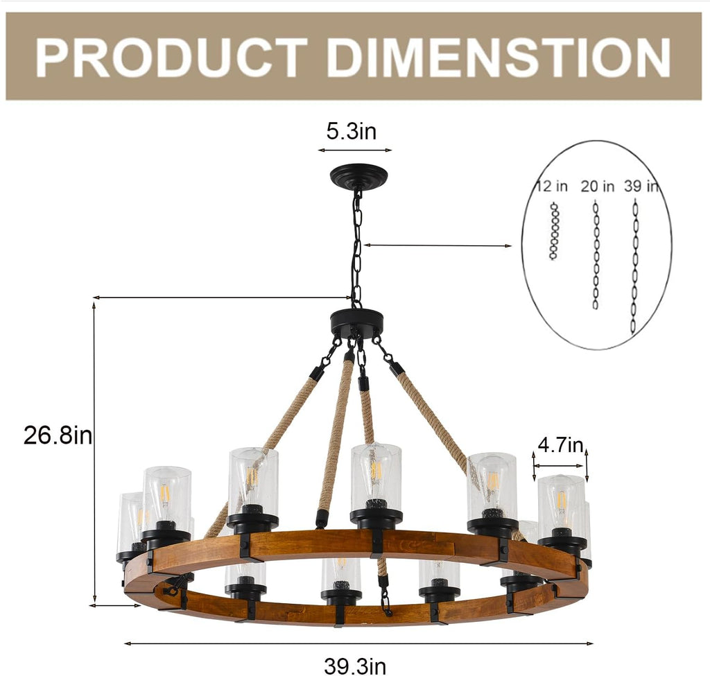 Rustic 12 Light Wagon Wheel Chandelier, Round Wood Pendant Light with Seeded Glass Shade, Farmhouse Chandeliers for Dining Room Kitchen Island Foyer Entryway A105-B0F2SQPLWT