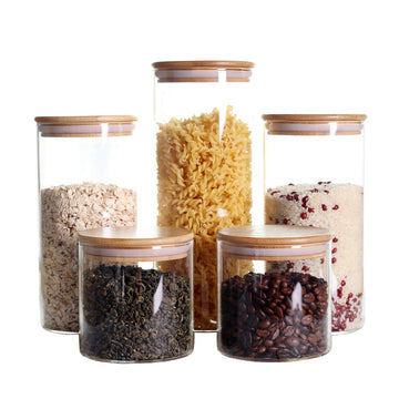 Stackable Kitchen Canisters Set, Pack of 5 Clear Glass Food Storage Jars Containers with Airtight Bamboo Lid for
