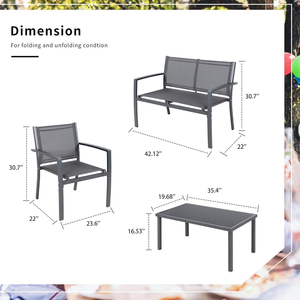 4 Pieces Patio Furniture Set All Weather Textile Fabric Outdoor Conversation Set, with Glass Coffee Table, Loveseat