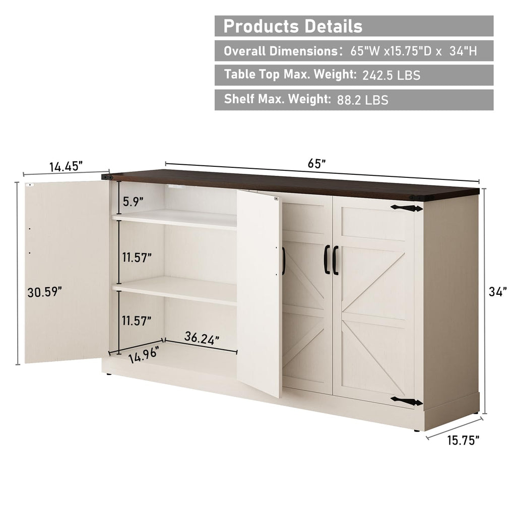 65 Inch Sideboard Buffet Cabinet with Storage, Farmhouse Kitchen Sideboard Cabinets with Adjustable Shelves, Wooden