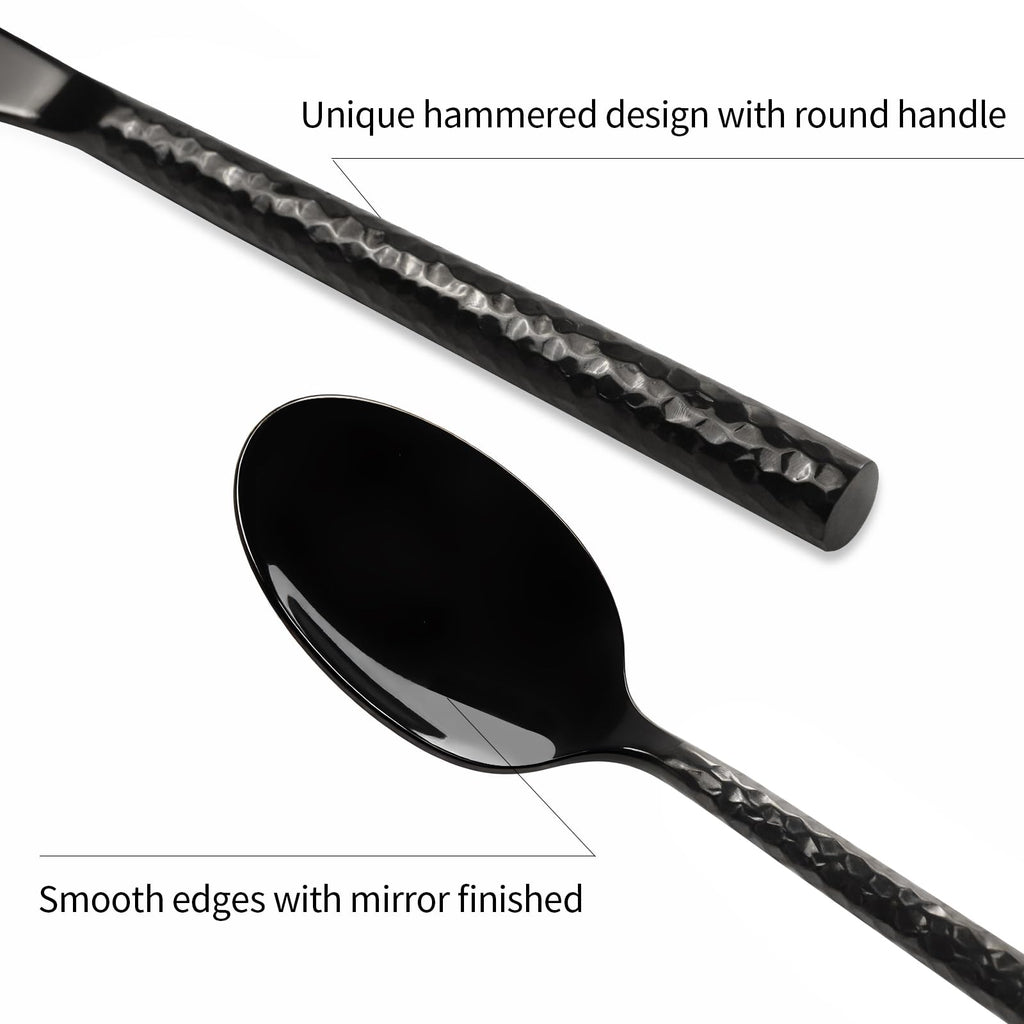 Black Silverware Set Round Hammered Handle 20 Pieces Service for 4