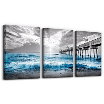 Wall Decorations 3 Piece Framed Canvas Wall Art Black And White Wall Painting Blue Ocean Sea Wave Pictures