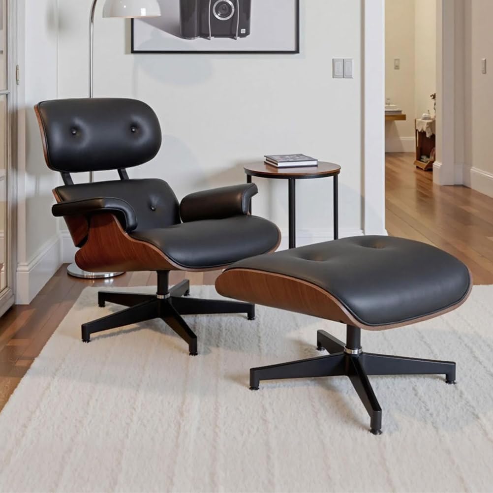 Modern Reclining Swivel Lounge Chair and Ottoman — Black Leather