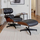 Modern Reclining Swivel Lounge Chair and Ottoman — Black Leather