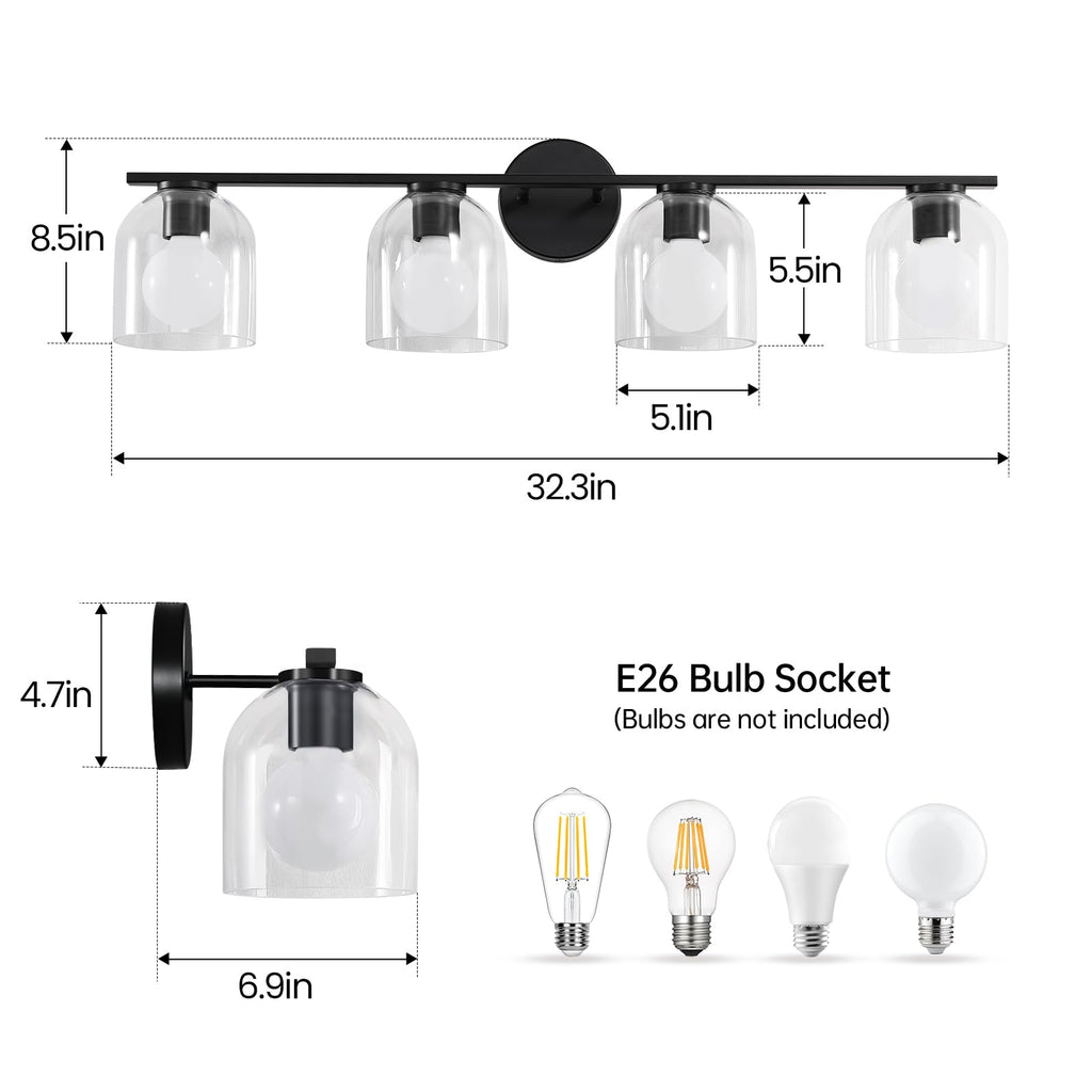 Bathroom Vanity Light Fixtures: 32.3 Inch Modern Matte Black Bathroom Lighting Fixtures Over Mirror with Clear Glass