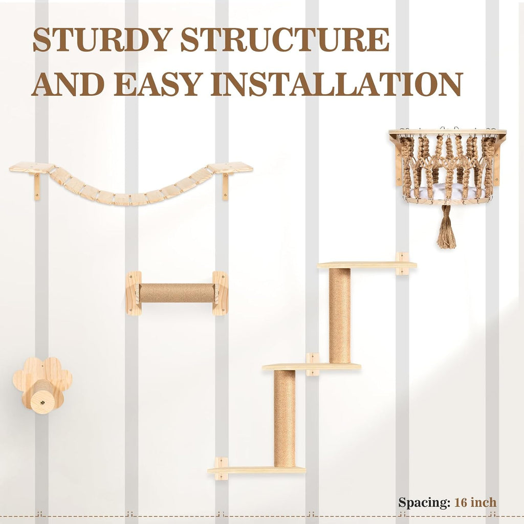 Cat Wall Shelves and Perches, Wall Mounted Cat Furniture with Hammock, Bridge, Tree, Steps and Scratching Posts