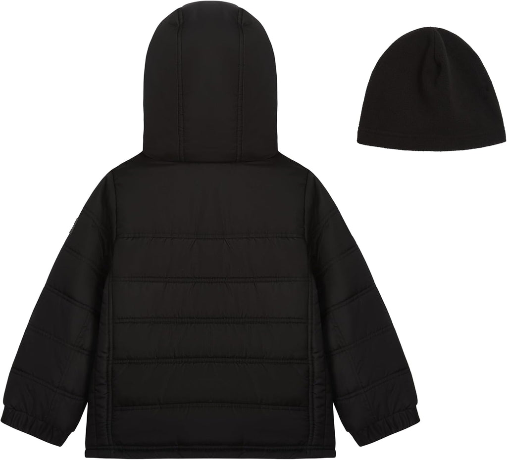 Boys' Sporty Heavyweight Hooded Puffer Jacket and Fleece Beanie