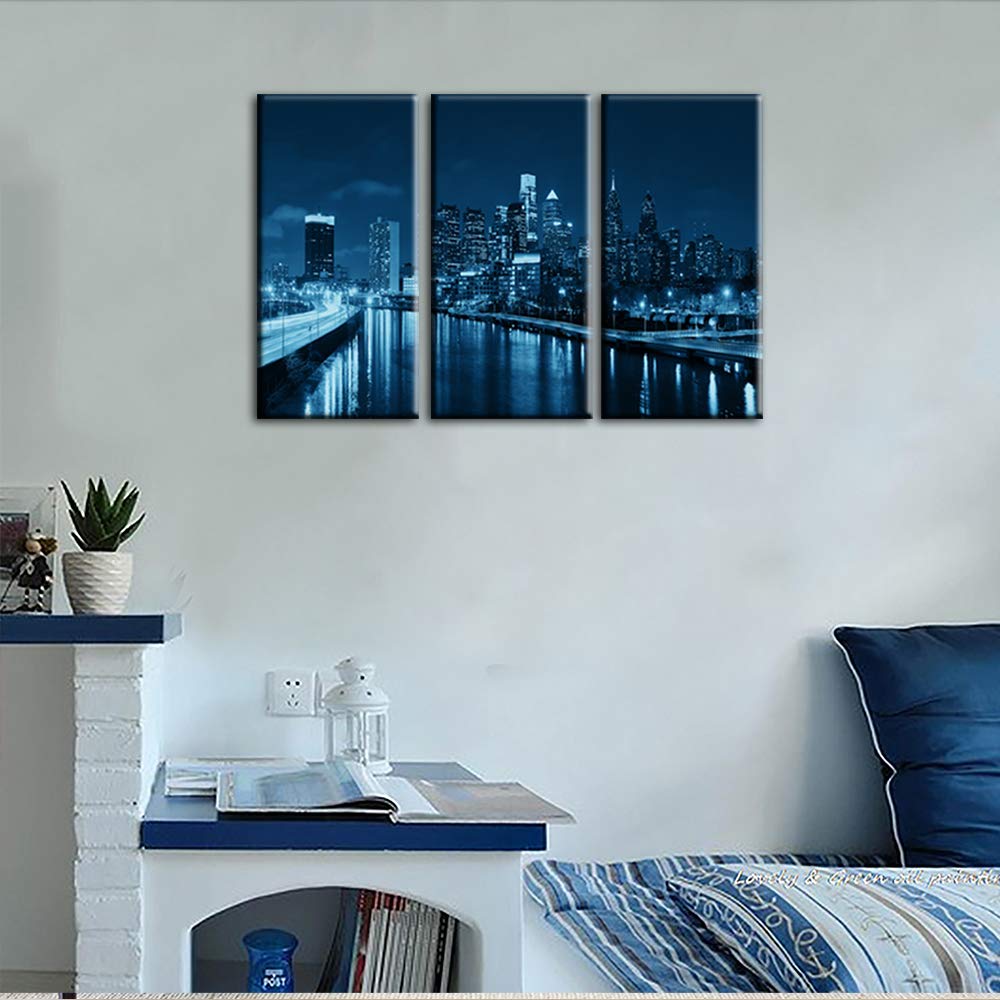 Panoramic Philadelphia Cityscape at night with urban architecture Picture, Black and White Stretched Canvas Prints