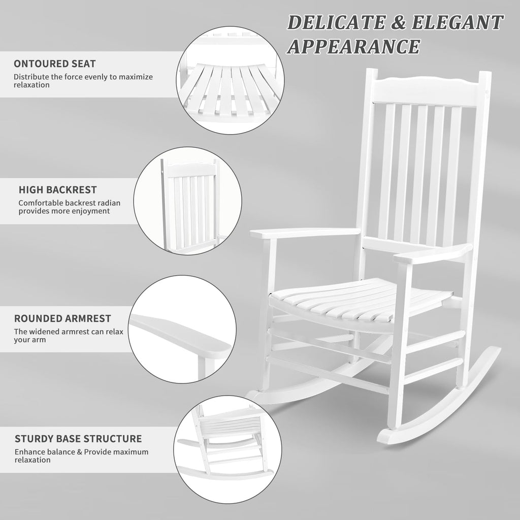 Outdoor Rocking Chair, Solid Wood High Back Rocker, White