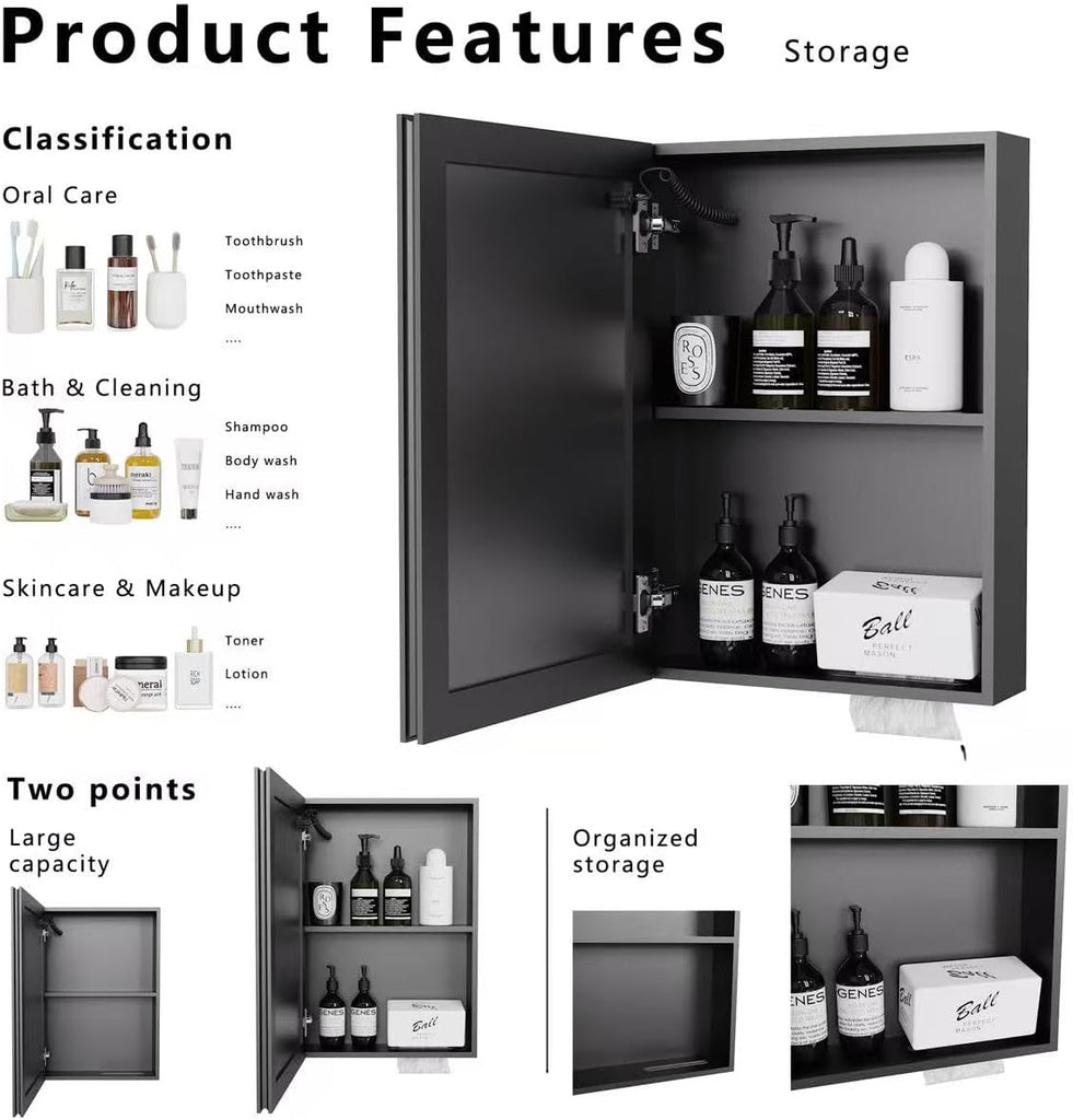 15.98" x 22.05" LED Bathroom Medicine Cabinet, Wall Mounted Mirror Cabinet with White LED Light, Anti-Fog Mirror