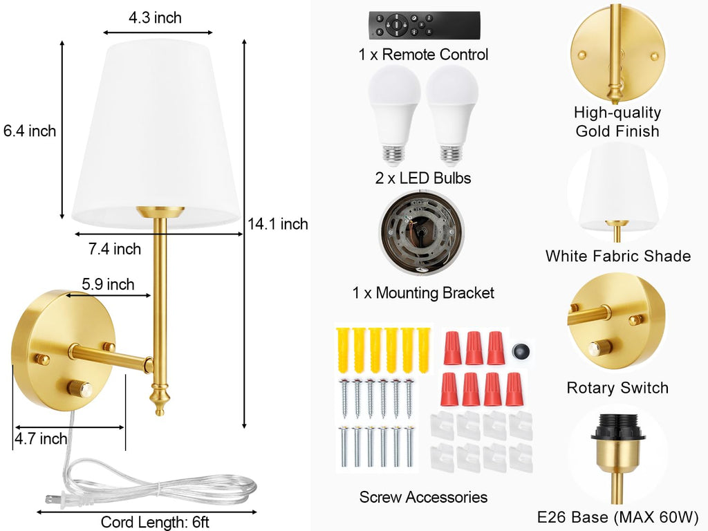 Wall Sconces Set of Two with Remote Control, Dimmable, Adjustable Colors 2700-6500K, Plug in Wall Sconces with White