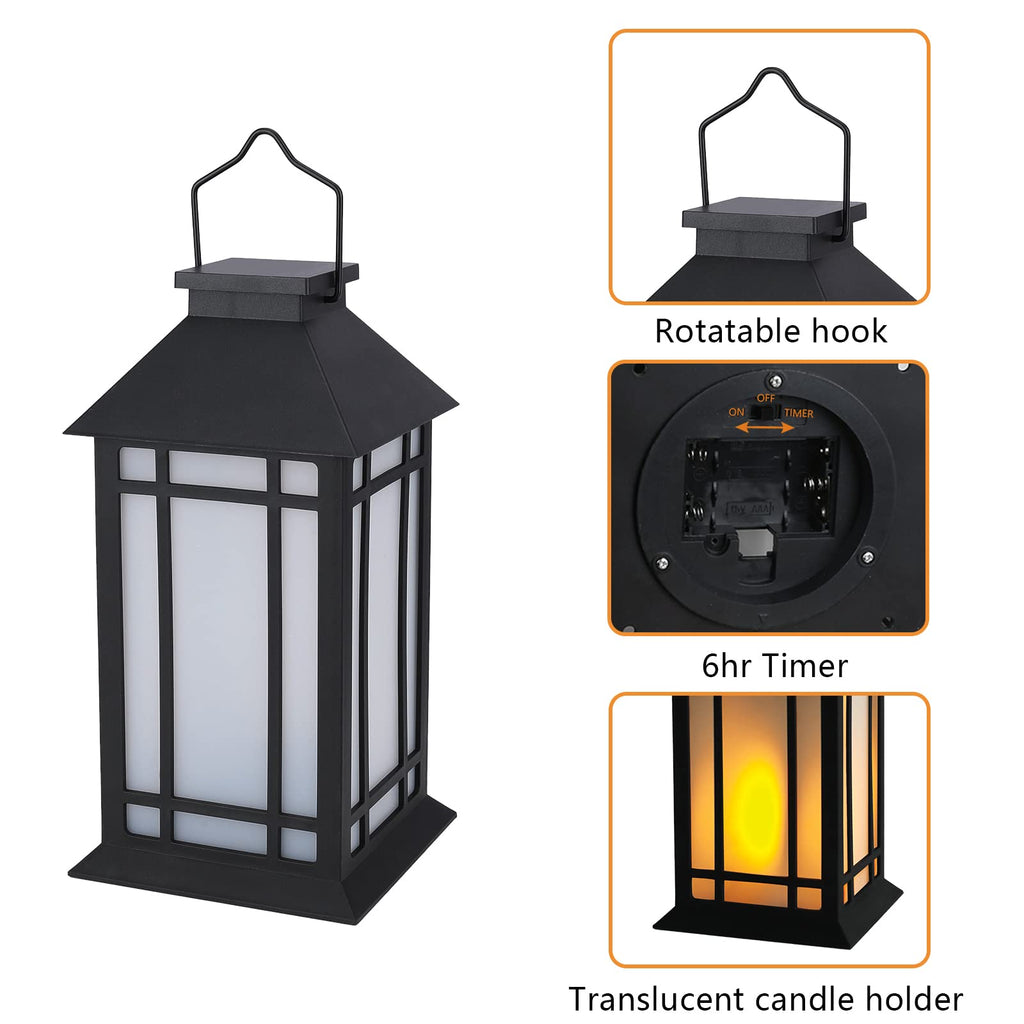 13 Inch Outdoor Decorative Lanterns with LED Candle Timer 2 Pack Black