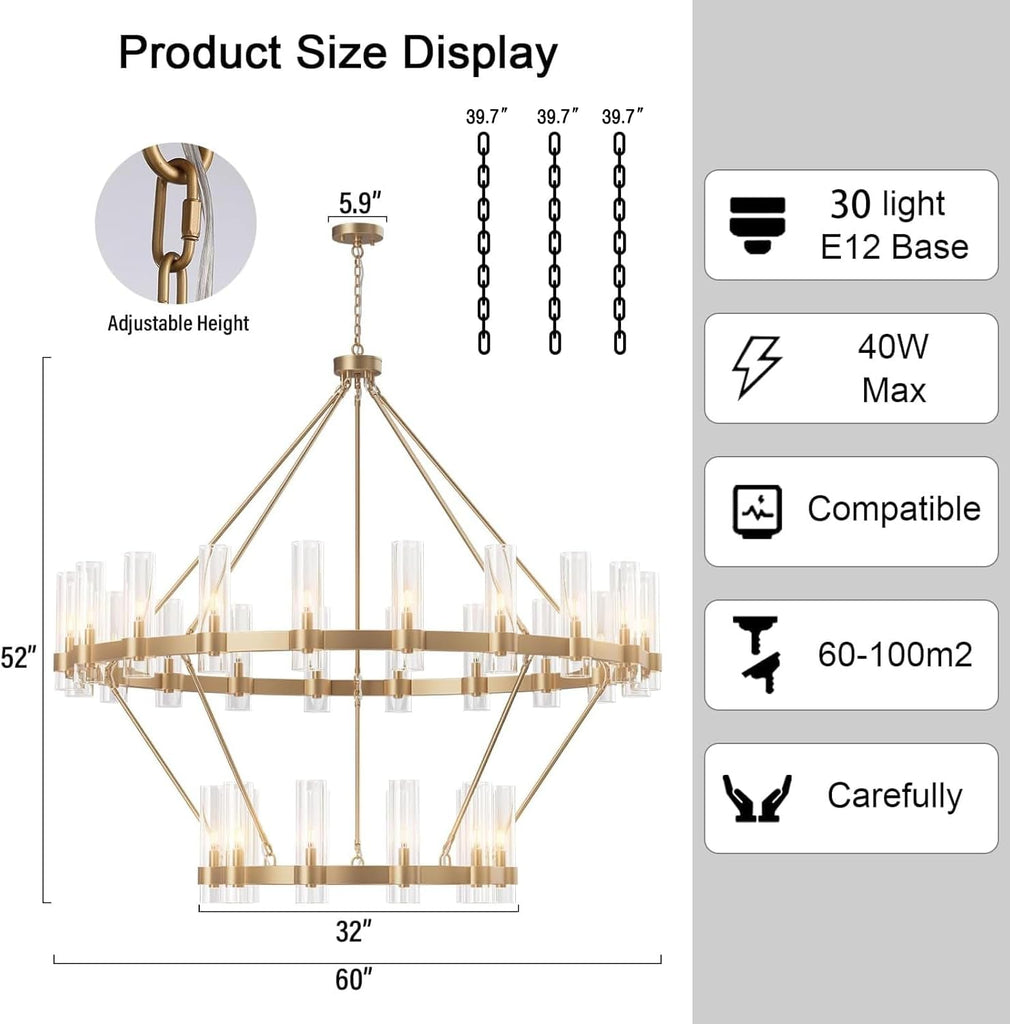 30-Lights Gold Chandelier,Wagon Wheel Chandelier with Glass Shade,60 Inch Large Round Industrial High Ceilings Pendant Lighting Fixture for Dining Room, Living Room, Kitchen Island, Foyer A115-B0D3C6WLFH