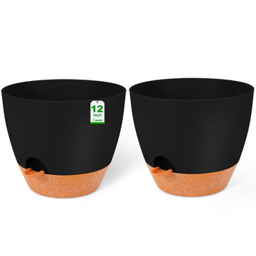 12 Inch Self Watering Planters, 2 Pack, Black