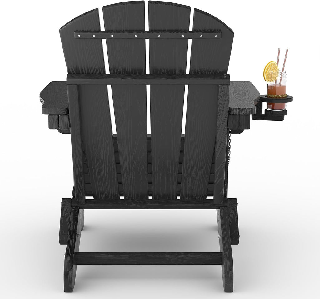 HDPE Folding Adirondack Chair Set of 2 with Side Table, Black | All-Weather Resistant & Wood Textured & Cup Holder