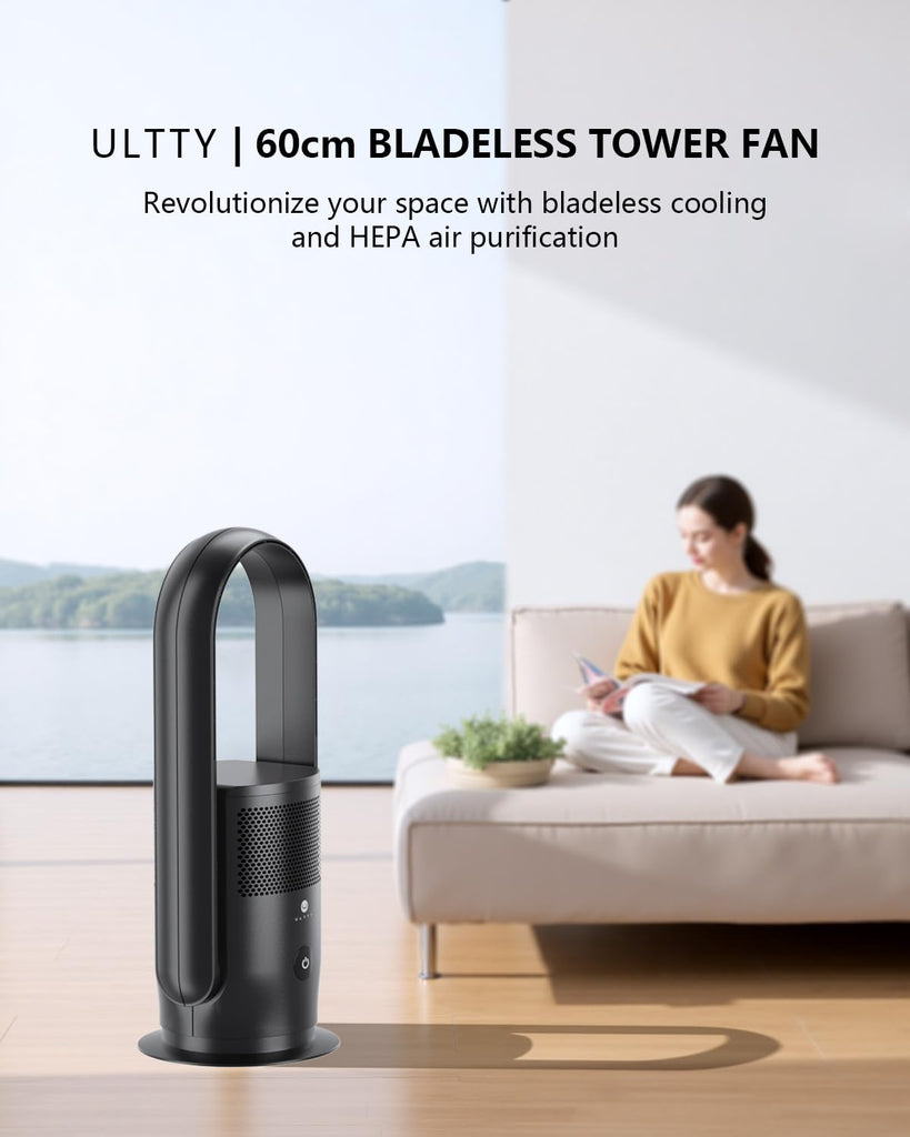 Bladeless Tower Fan and Air Purifier Combo, Quiet Oscillating Fan with Remote & Touch Control, 9 Speeds, 8H Timer