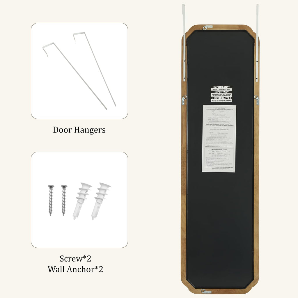 48" x 14" Full Length Door Mirror with Rustic Rounded Corner Wood Frame, Over the Door Hanging Mirror, Closet