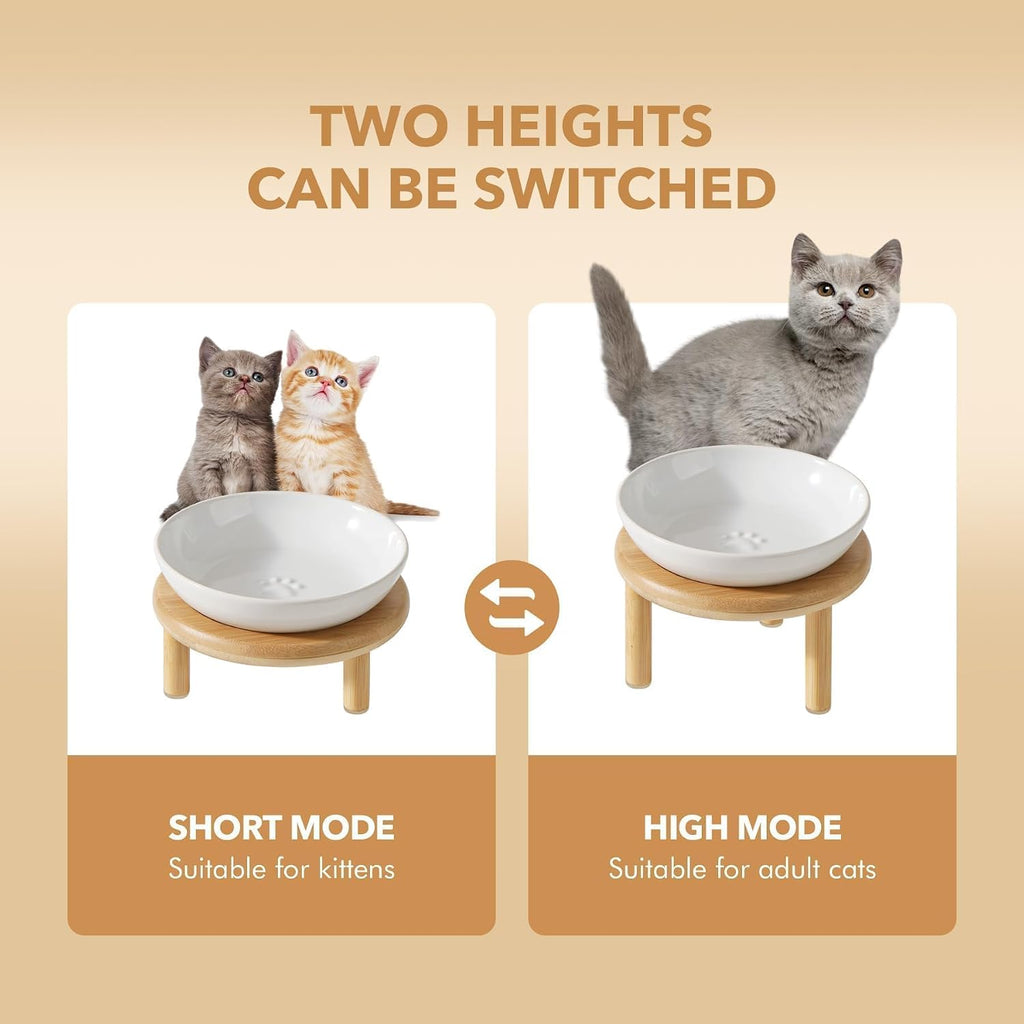 Elevated Cat Bowls, Ceramic Cat Bowl with Bamboo Stand Wide Opening