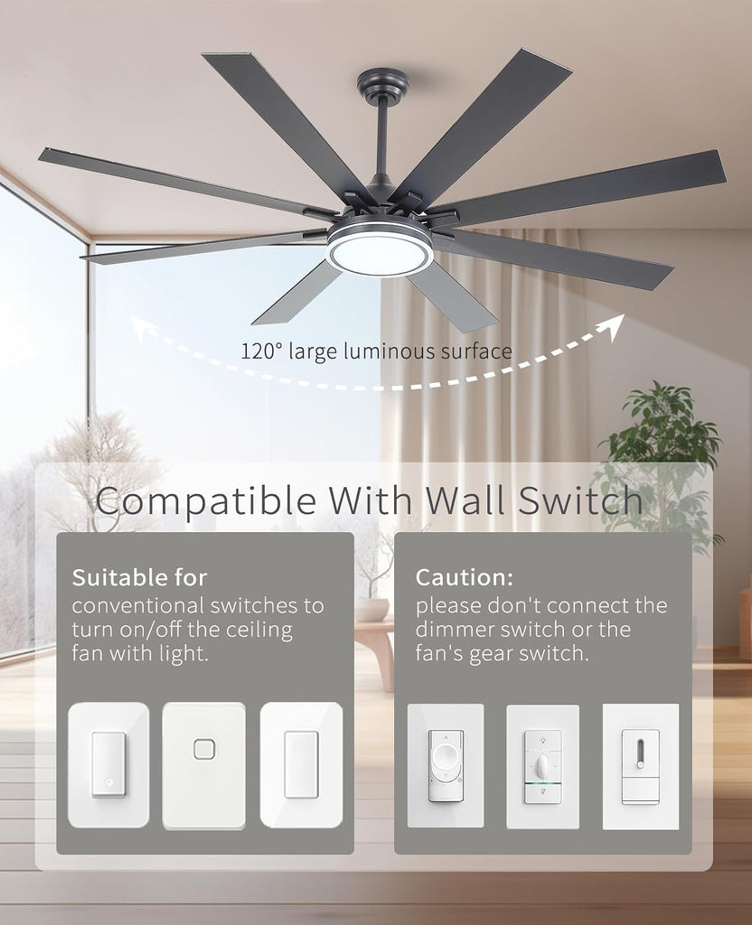 72 Inch Ceiling Fan with Lights and Remote - Large Indoor/Covered Outdoor Ceiling Fan & Covered Patio, Quiet DC Motor