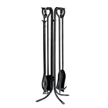 5 Piece Hand Forged Iron Compact Fireplace Tool Set 32.5" | Black Wrought Iron Handle for Outdoor Indoor | Stand
