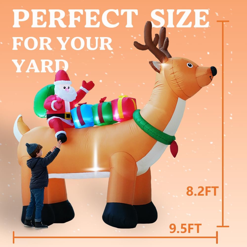10FT Christmas Inflatables Reindeer and Santa Claus Outdoor Decorations, Christmas Blow Up Yard Decorations with