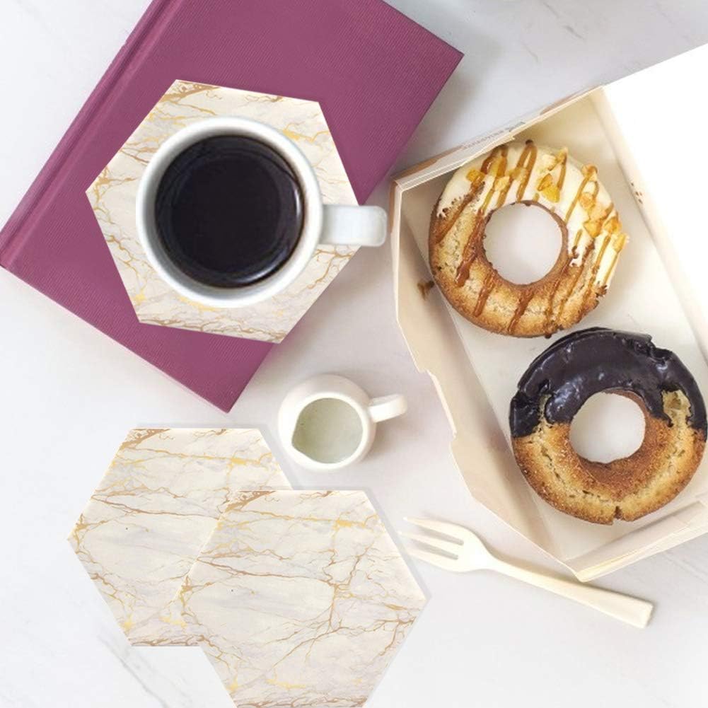 Marble Coasters for Drinks - Absorbent Set with Metal Holder, Gold Cup Coasters for Coffee Table, Rustic Home - Set of 8