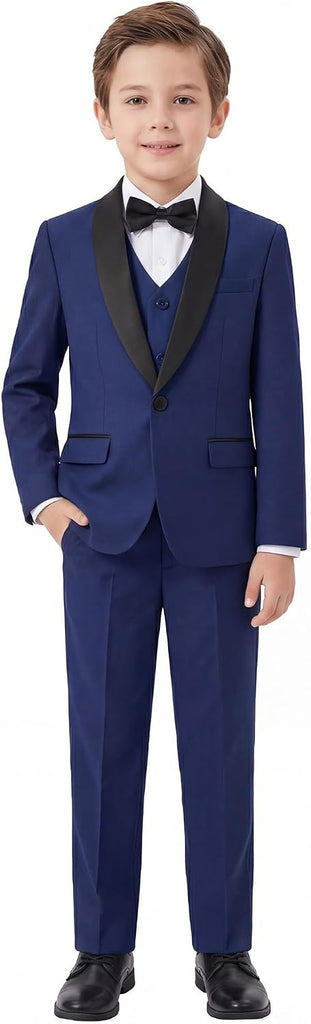 Boys 5 Pieces Tuxedo Suit Set Kids Suits Shawl Collar Jacket Pant Vest Bow Tie for Wedding Ring Bearer Party Prom