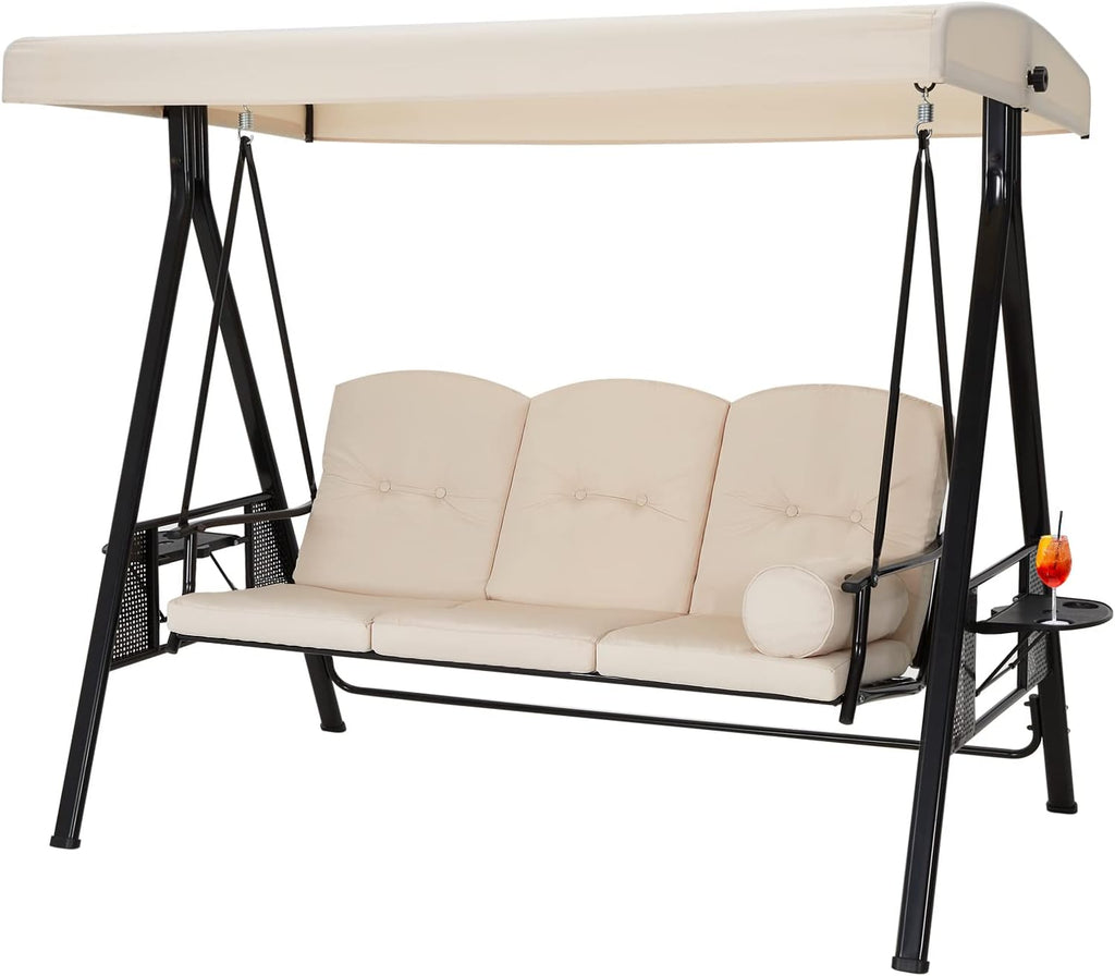 Outdoor Porch Swing, 3-Seat Porch Swing with Adjustable Canopy, Outdoor Swings for Adult with Beige Removable